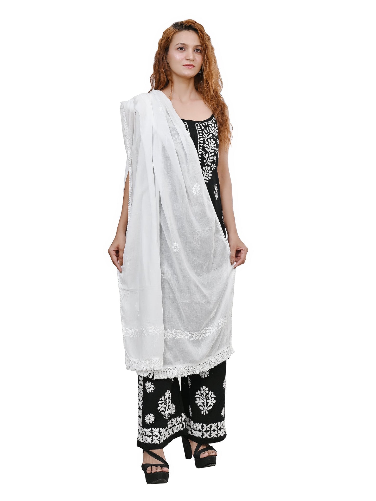 MS CHIKAN ARTS Women's Cotton Chikankari with Lace Border Dupatta