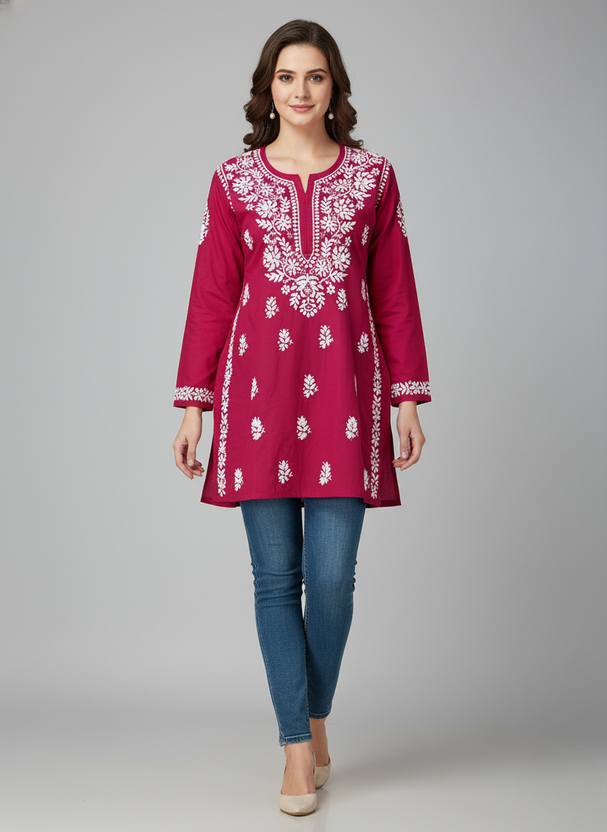 "Short Rayon Lucknowi Chikankari Kurti with Hand Embroidery"