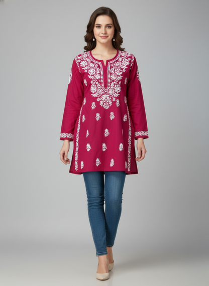 "Short Rayon Lucknowi Chikankari Kurti with Hand Embroidery"