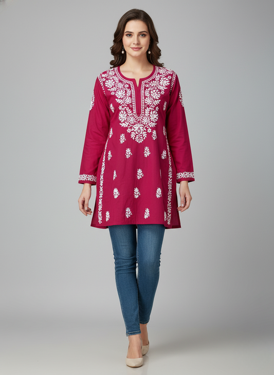 "Short Rayon Lucknowi Chikankari Kurti with Hand Embroidery"