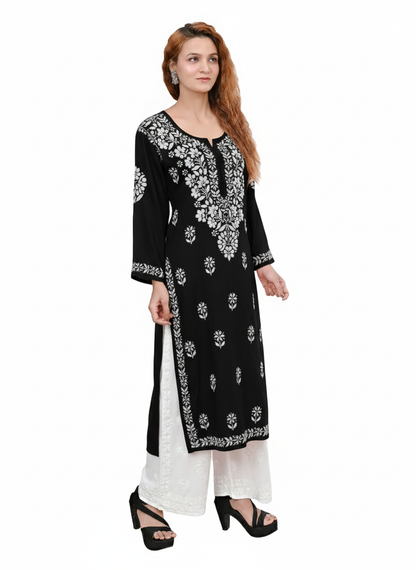 MS CHIKAN ARTS Women's Rayon Full Sleeve Lucknowi Chikankari Hand Work Round Neck Kurti