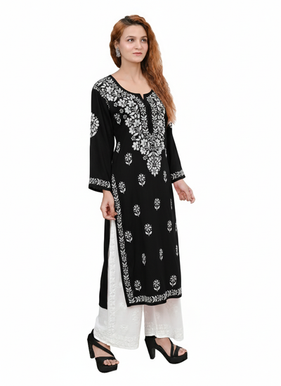 MS CHIKAN ARTS Women's Rayon Full Sleeve Lucknowi Chikankari Hand Work Round Neck Kurti