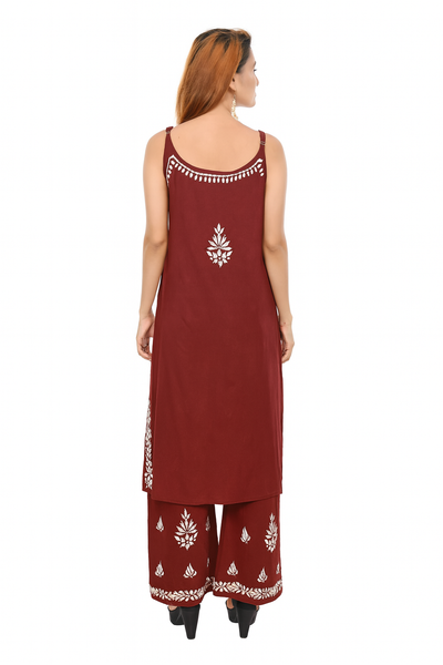 MS CHIKAN ARTS Women's Rayon Sleeveless Kurti with Palazzo Set, Lucknowi Chikankari Hand Embroidery