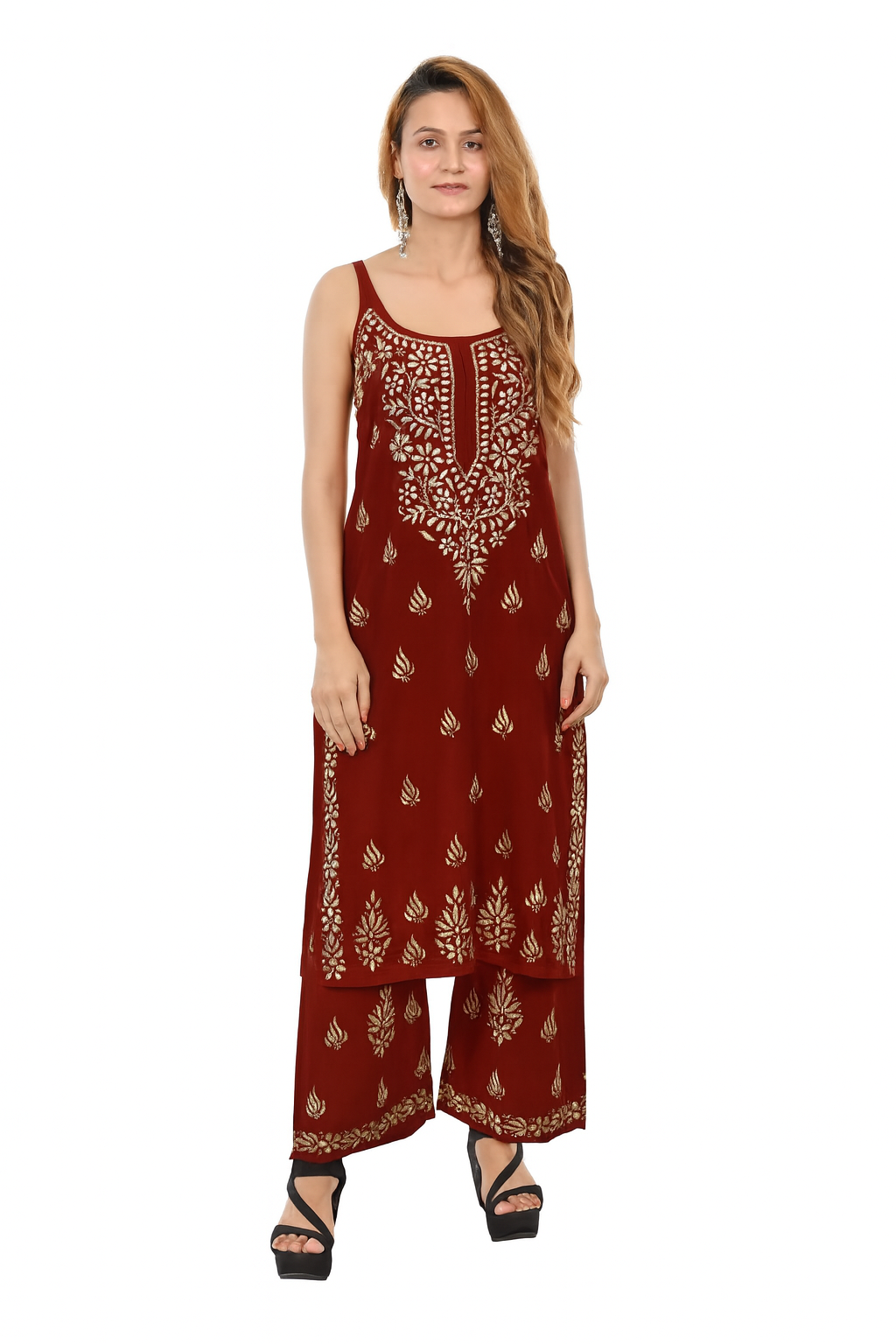 MS CHIKAN ARTS Women's Rayon Sleeveless Kurti with Palazzo Set, Lucknowi Chikankari Hand Embroidery