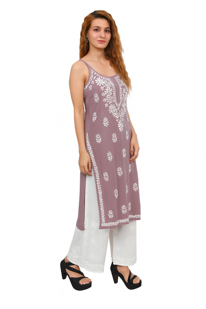 MS CHIKAN ARTS Women's Rayon Sleeveless Lucknowi Chikankari Hand Work Round Neck Kurti