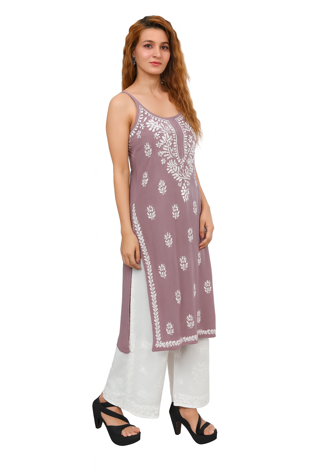 MS CHIKAN ARTS Women's Rayon Sleeveless Lucknowi Chikankari Hand Work Round Neck Kurti