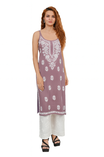 MS CHIKAN ARTS Women's Rayon Sleeveless Lucknowi Chikankari Hand Work Round Neck Kurti