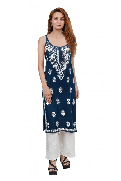 MS CHIKAN ARTS Women's Rayon Sleeveless Lucknowi Chikankari Hand Work Round Neck Kurti