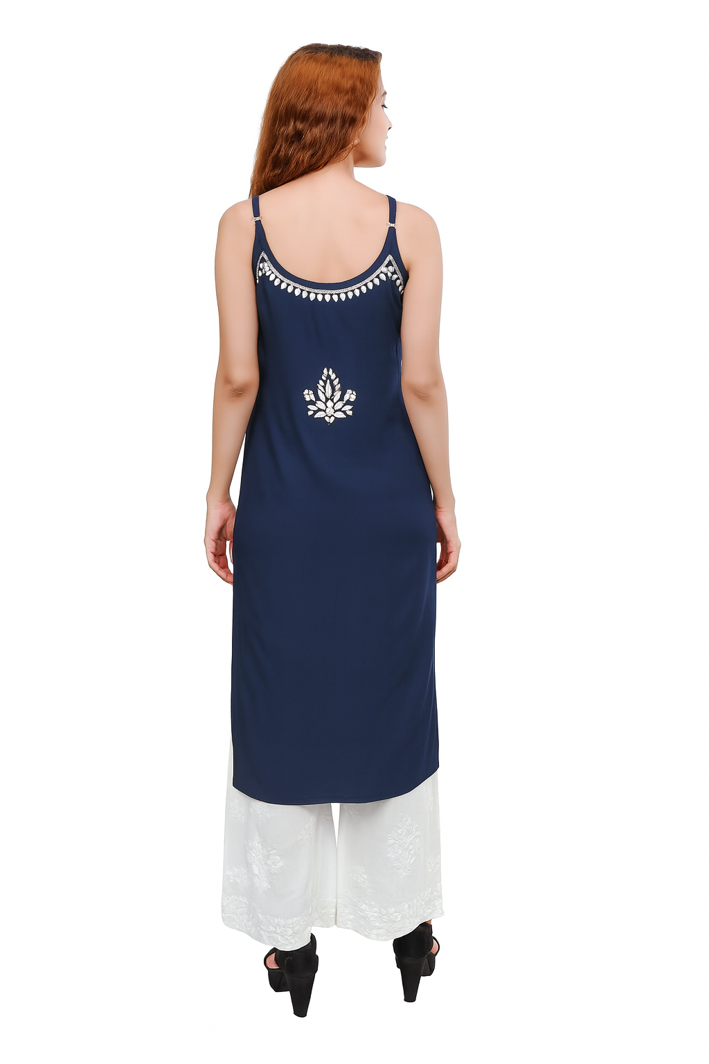 MS CHIKAN ARTS Women's Rayon Sleeveless Lucknowi Chikankari Hand Work Round Neck Kurti