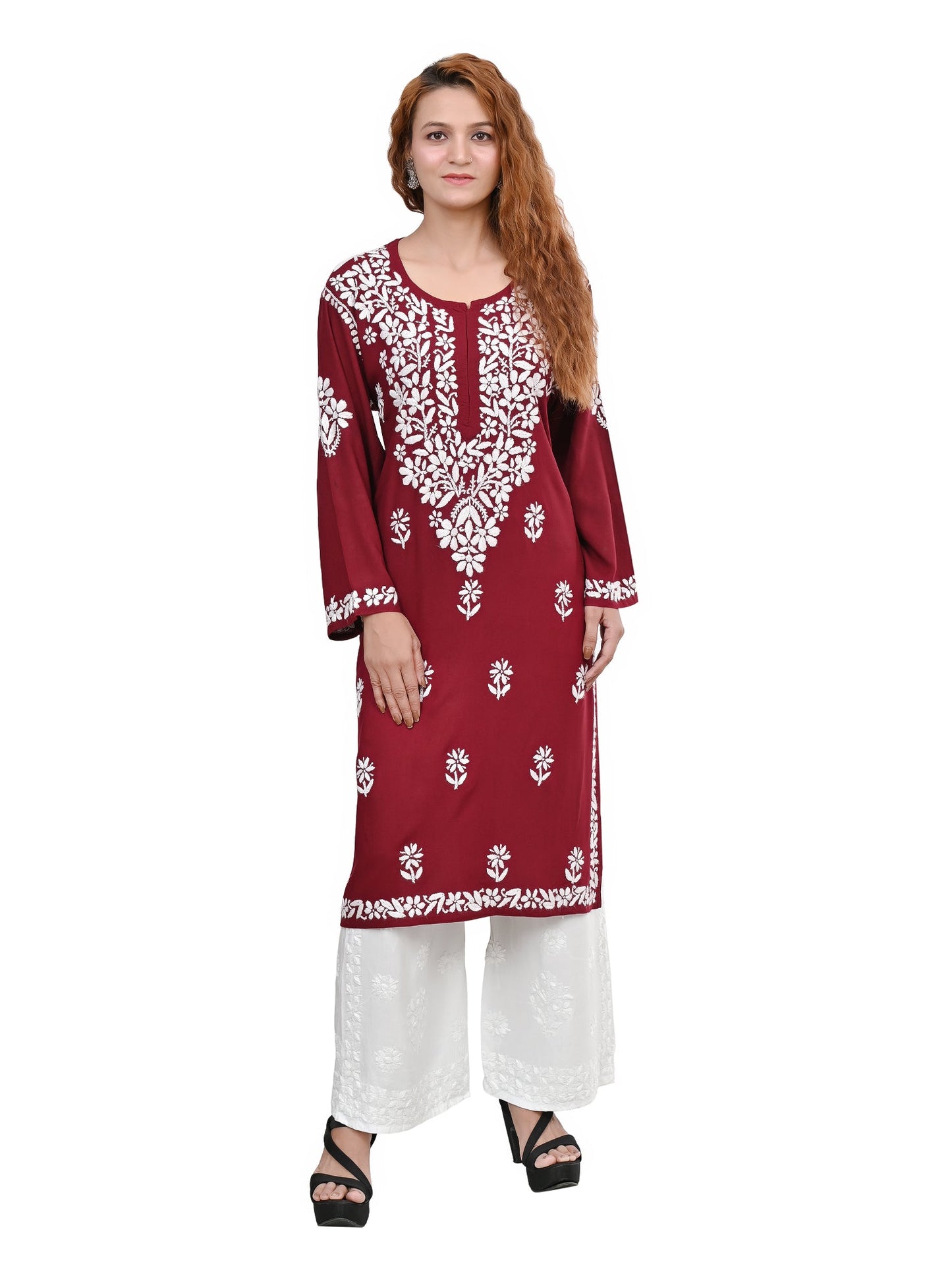 MS CHIKAN ARTS Women's Rayon Full Sleeve Lucknowi Chikankari Hand Work Round Neck Kurti