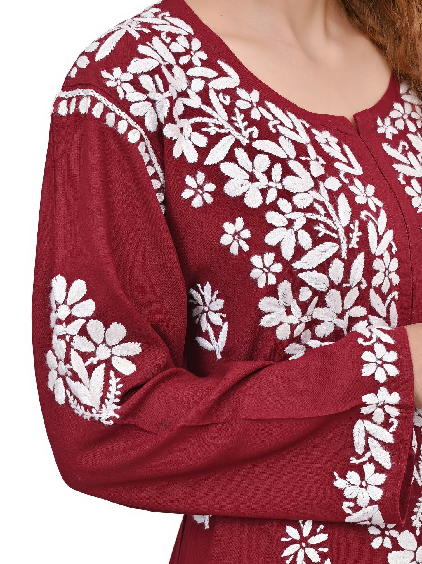 MS CHIKAN ARTS Women's Rayon Full Sleeve Lucknowi Chikankari Hand Work Round Neck Kurti