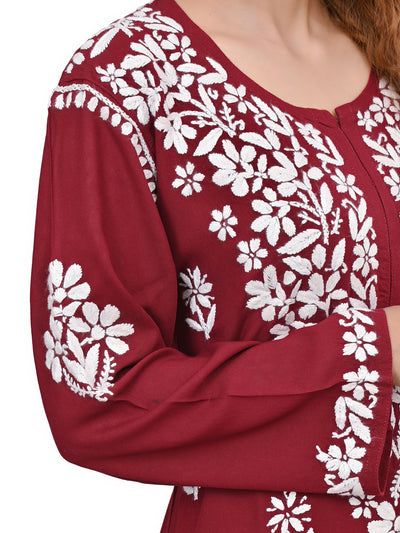 MS CHIKAN ARTS Women's Rayon Full Sleeve Lucknowi Chikankari Hand Work Round Neck Kurti