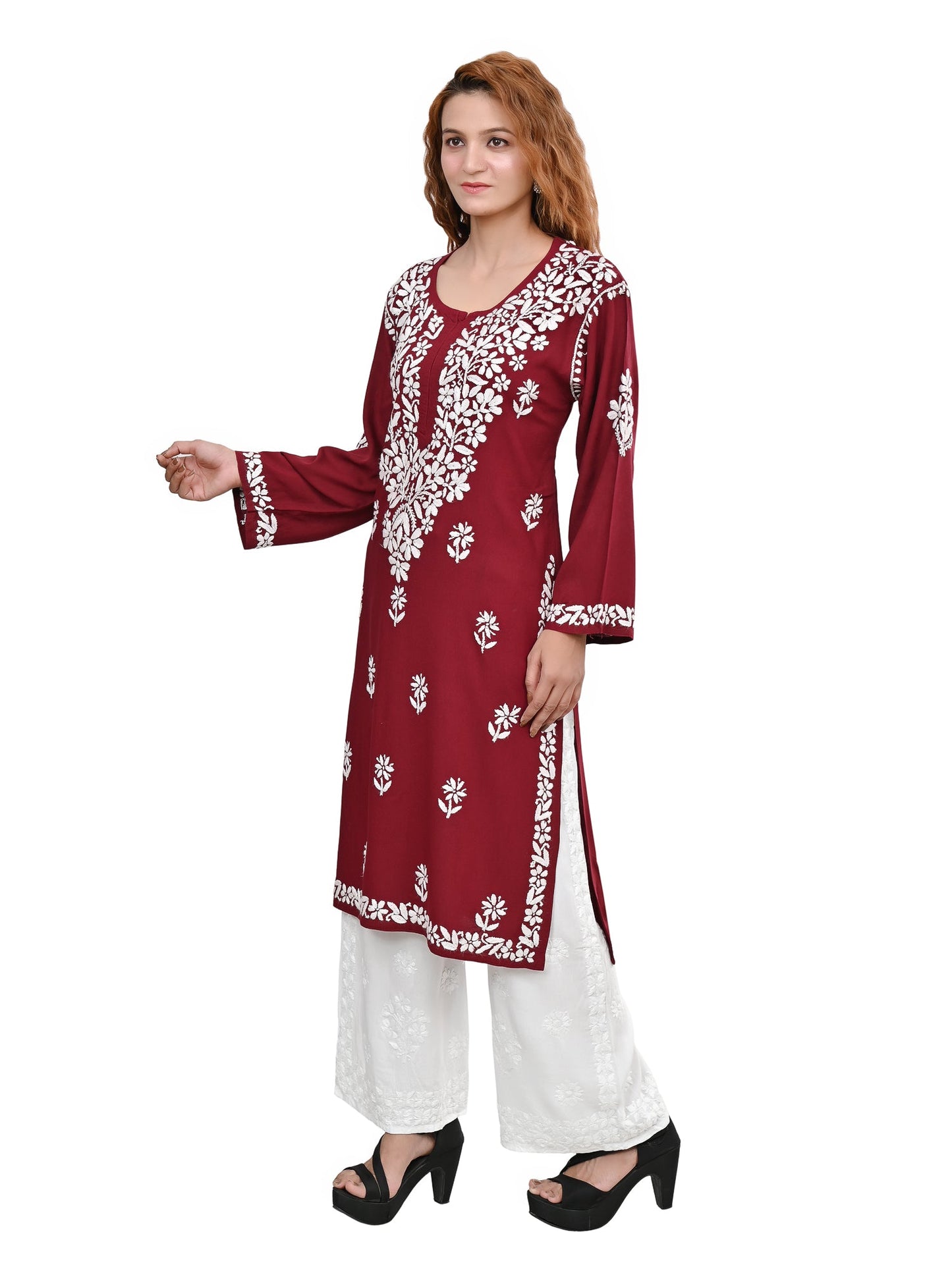 MS CHIKAN ARTS Women's Rayon Full Sleeve Lucknowi Chikankari Hand Work Round Neck Kurti
