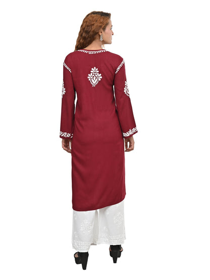 MS CHIKAN ARTS Women's Rayon Full Sleeve Lucknowi Chikankari Hand Work Round Neck Kurti