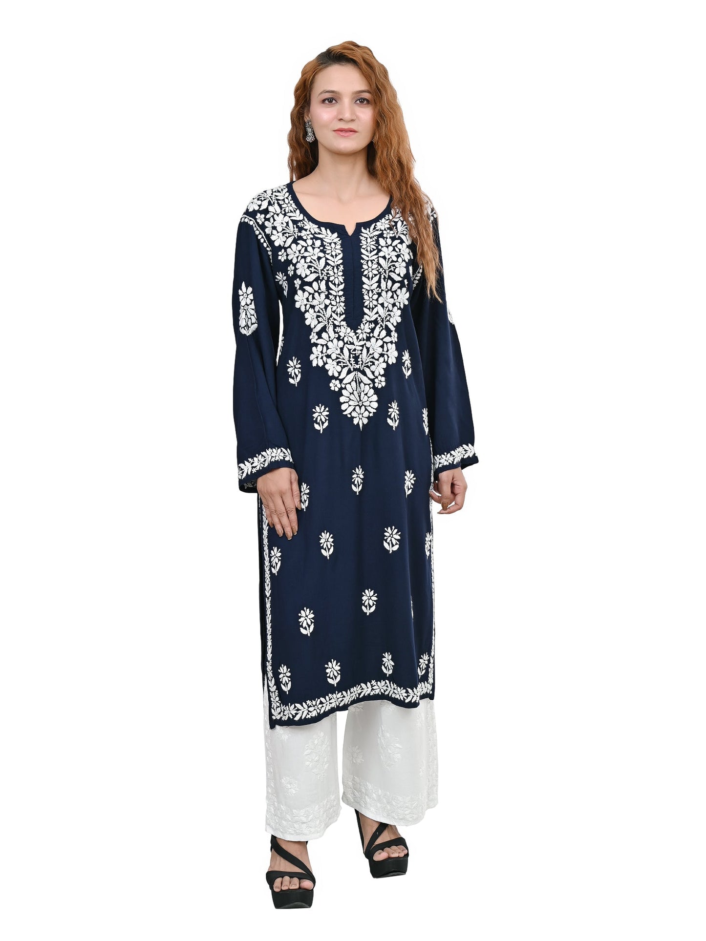 MS CHIKAN ARTS Women's Rayon Full Sleeve Lucknowi Chikankari Hand Work Round Neck Kurti