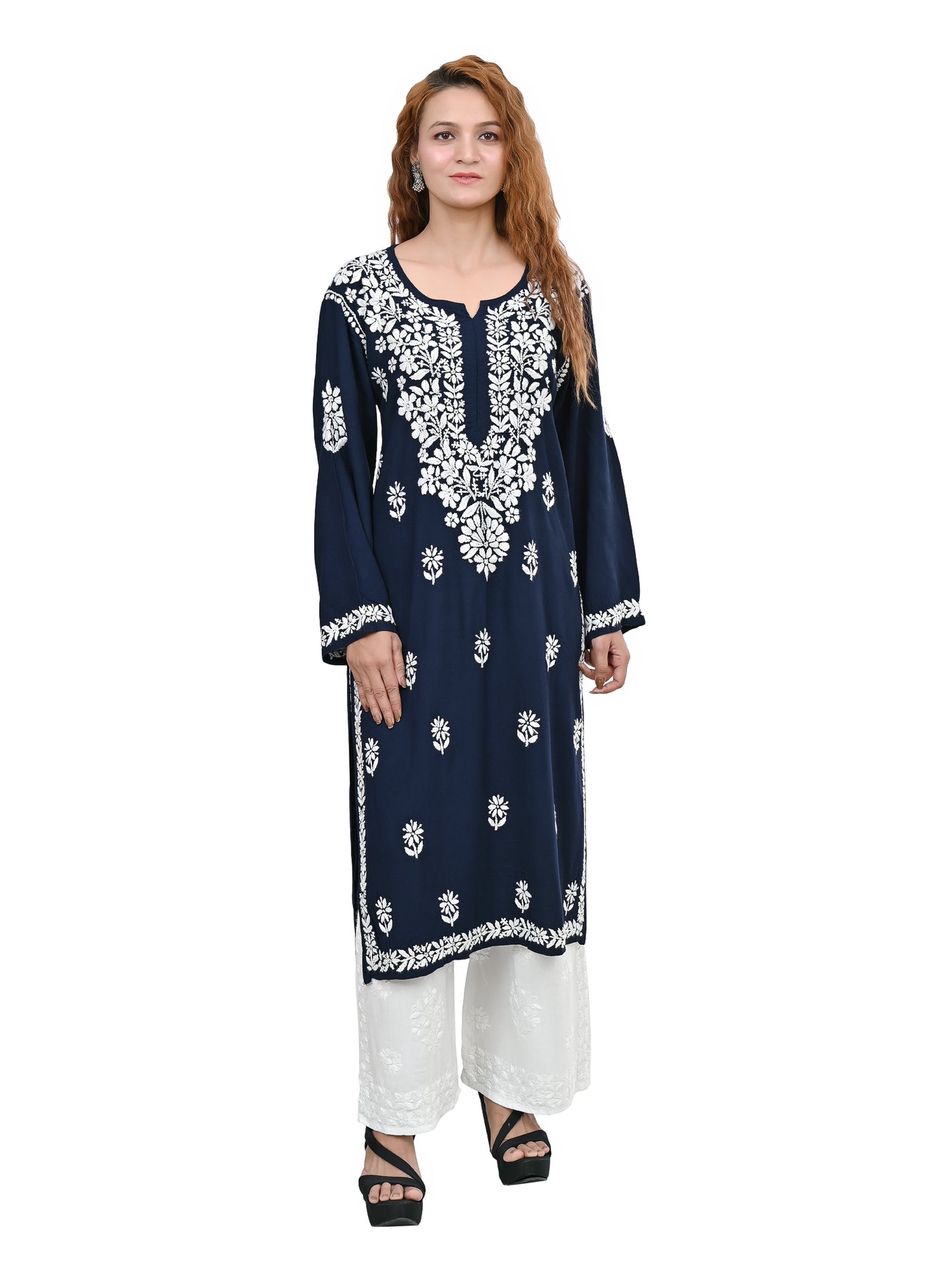 MS CHIKAN ARTS Women's Rayon Full Sleeve Lucknowi Chikankari Hand Work Round Neck Kurti