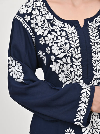 MS CHIKAN ARTS Women's Rayon Full Sleeve Lucknowi Chikankari Hand Work Round Neck Kurti