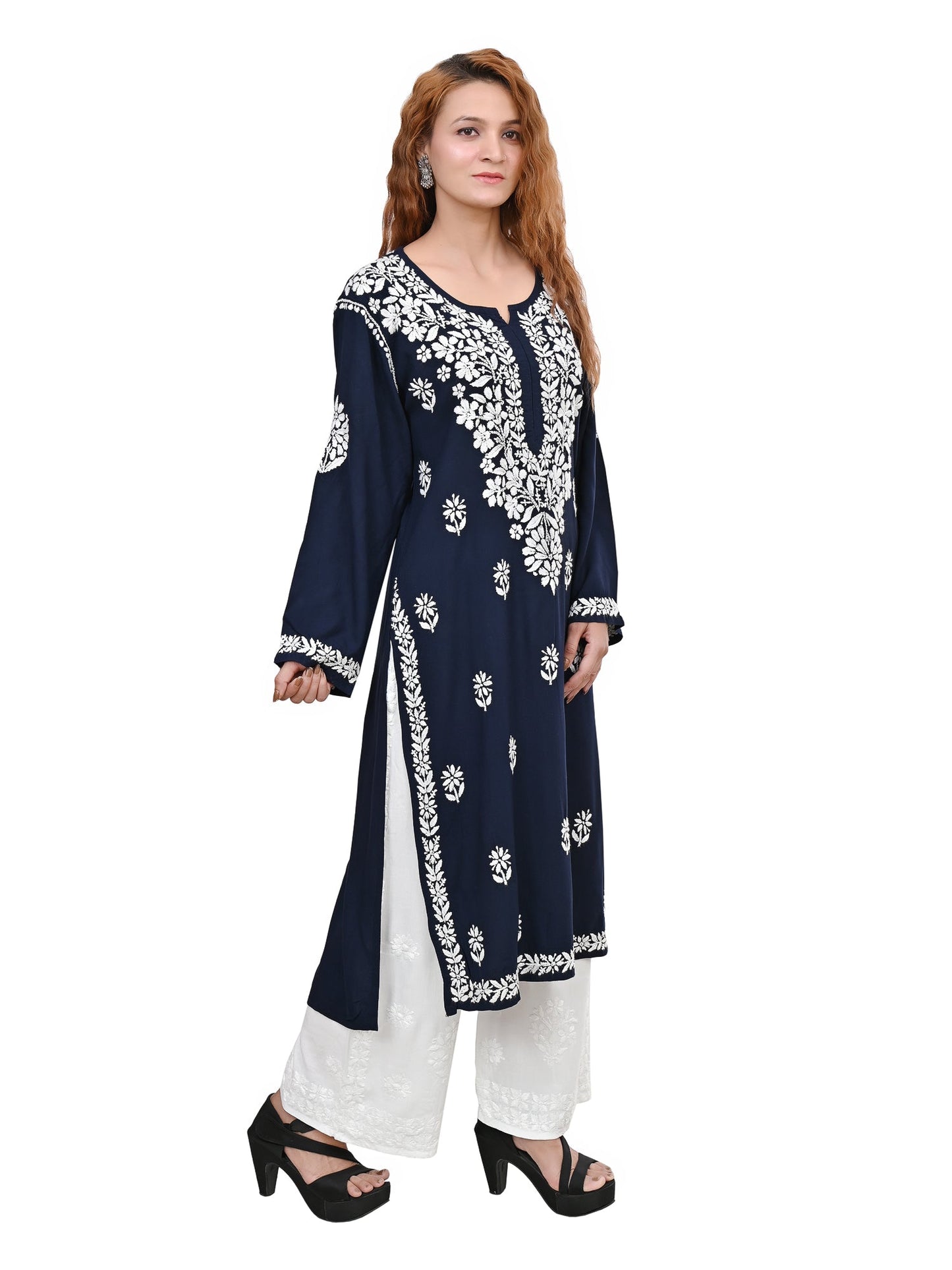 MS CHIKAN ARTS Women's Rayon Full Sleeve Lucknowi Chikankari Hand Work Round Neck Kurti