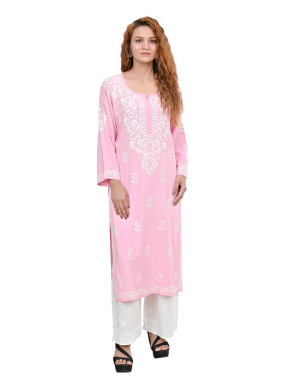 MS CHIKAN ARTS Women's Rayon Full Sleeve Lucknowi Chikankari Hand Work Round Neck Kurti