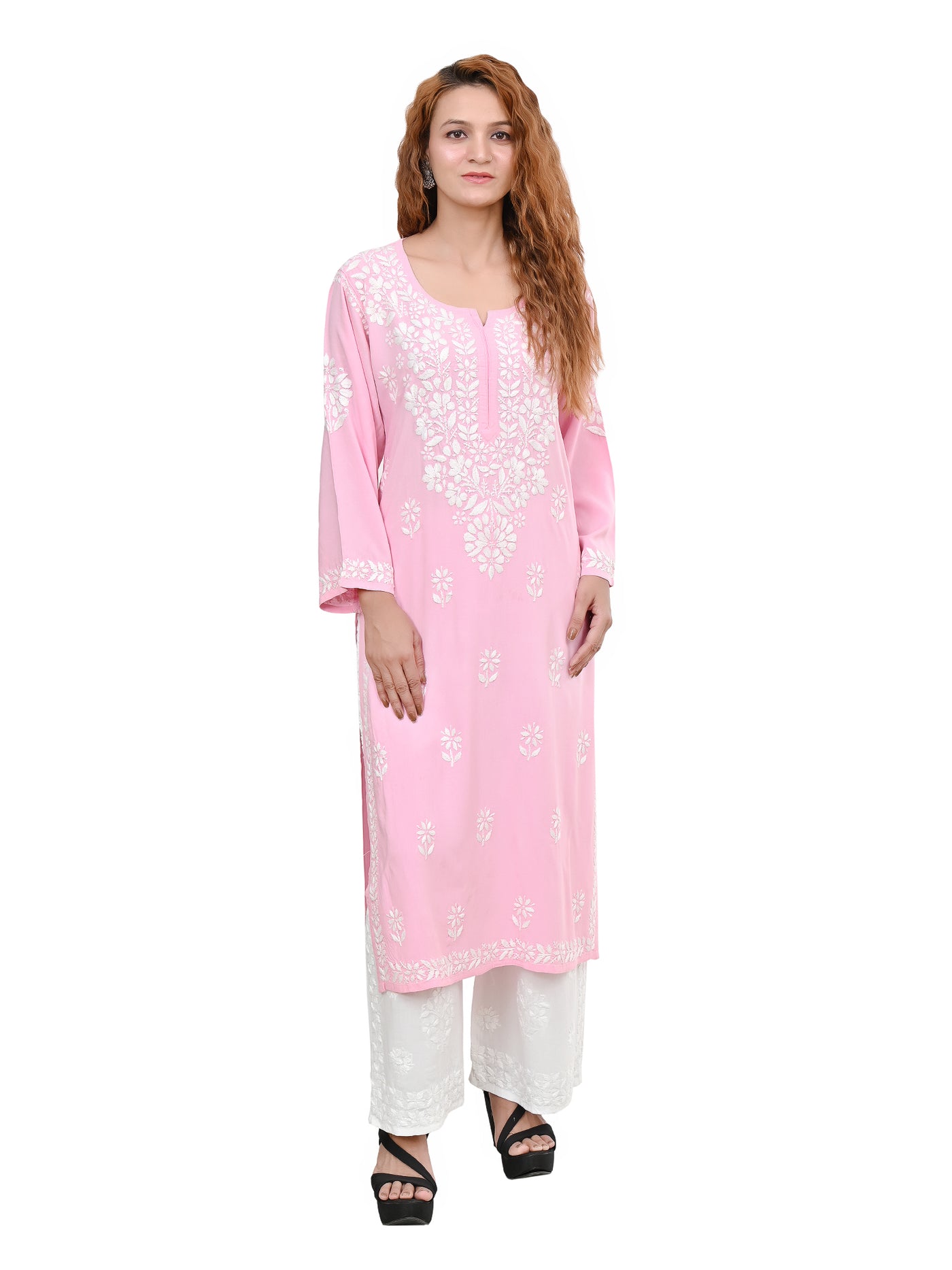 MS CHIKAN ARTS Women's Rayon Full Sleeve Lucknowi Chikankari Hand Work Round Neck Kurti