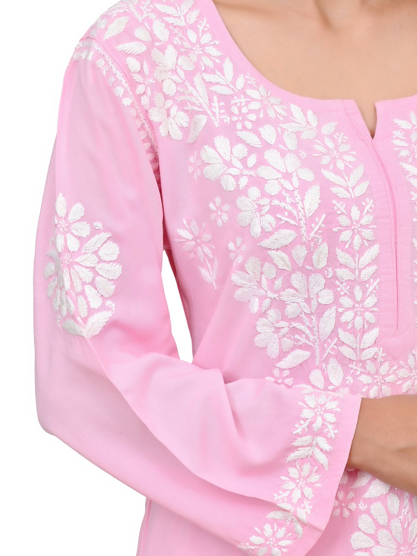 MS CHIKAN ARTS Women's Rayon Full Sleeve Lucknowi Chikankari Hand Work Round Neck Kurti