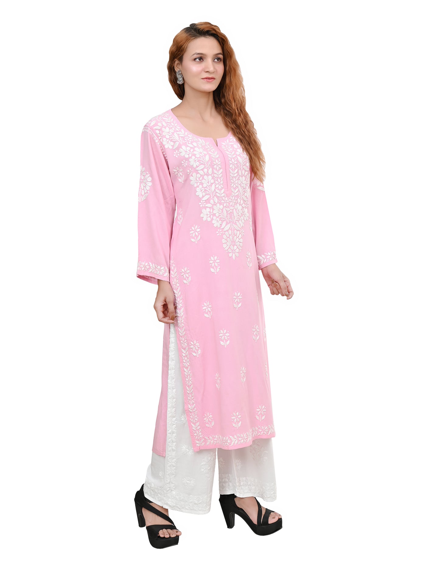 MS CHIKAN ARTS Women's Rayon Full Sleeve Lucknowi Chikankari Hand Work Round Neck Kurti