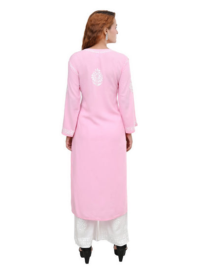 MS CHIKAN ARTS Women's Rayon Full Sleeve Lucknowi Chikankari Hand Work Round Neck Kurti