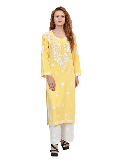 MS CHIKAN ARTS Women's Rayon Full Sleeve Lucknowi Chikankari Hand Work Round Neck Kurti