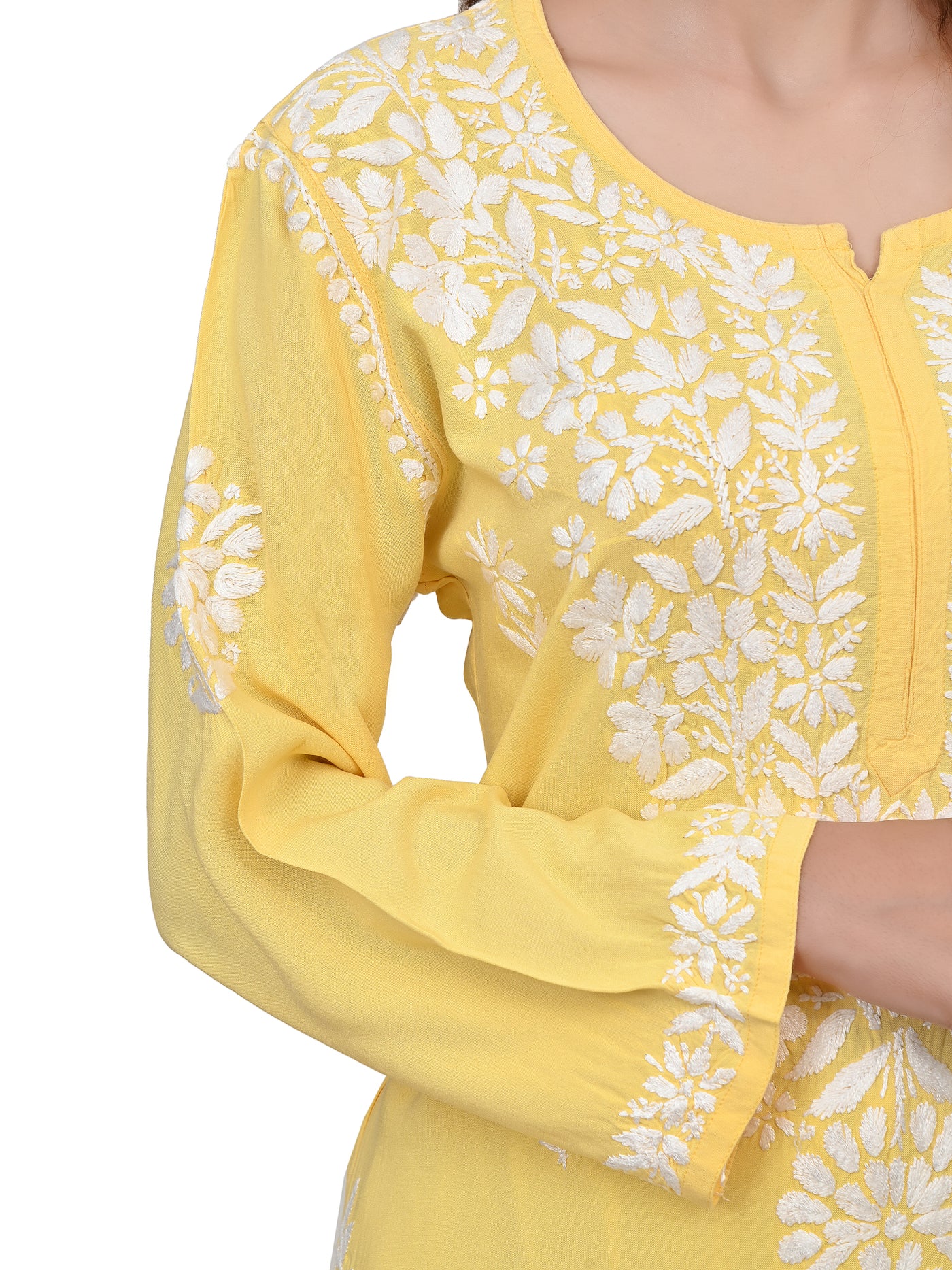 MS CHIKAN ARTS Women's Rayon Full Sleeve Lucknowi Chikankari Hand Work Round Neck Kurti