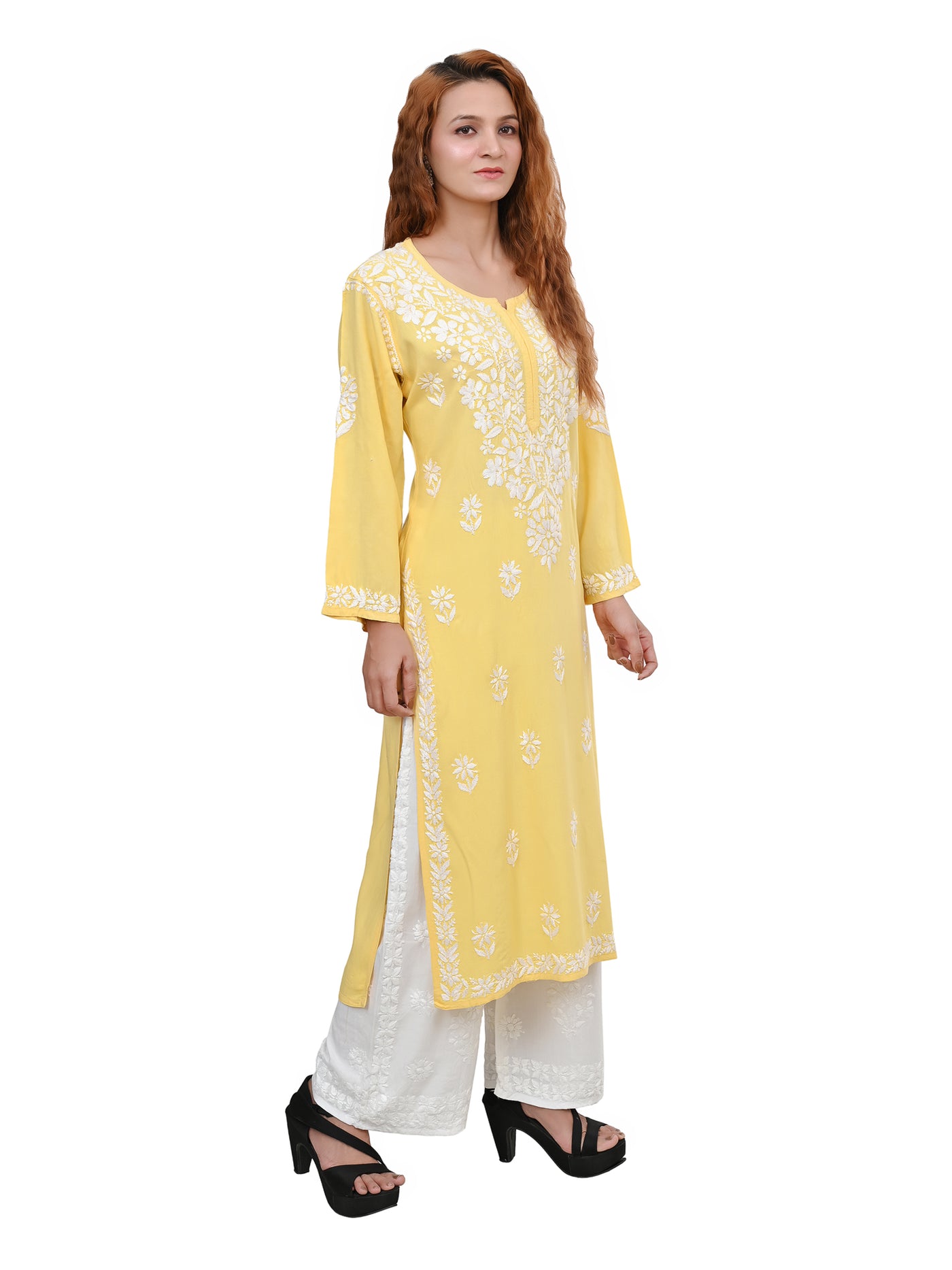 MS CHIKAN ARTS Women's Rayon Full Sleeve Lucknowi Chikankari Hand Work Round Neck Kurti