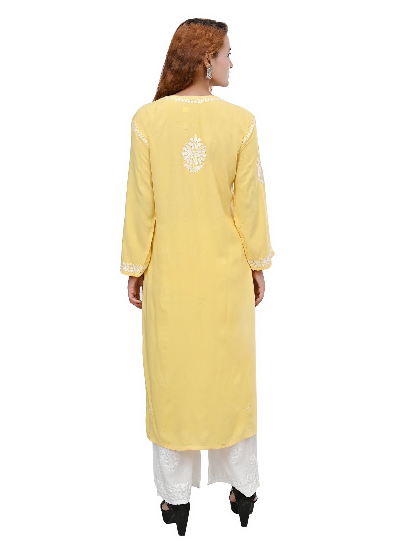 MS CHIKAN ARTS Women's Rayon Full Sleeve Lucknowi Chikankari Hand Work Round Neck Kurti