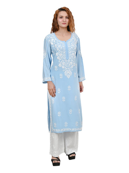 MS CHIKAN ARTS Women's Rayon Full Sleeve Lucknowi Chikankari Hand Work Round Neck Kurti