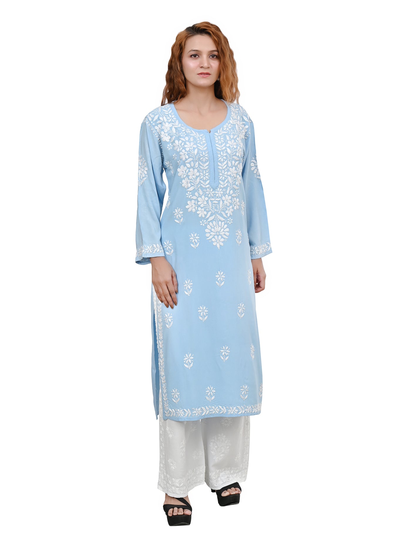 MS CHIKAN ARTS Women's Rayon Full Sleeve Lucknowi Chikankari Hand Work Round Neck Kurti