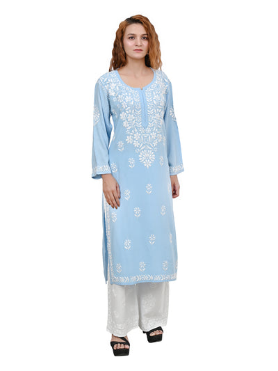 MS CHIKAN ARTS Women's Rayon Full Sleeve Lucknowi Chikankari Hand Work Round Neck Kurti