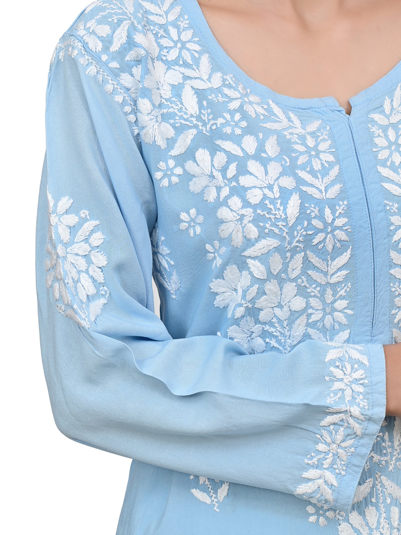 MS CHIKAN ARTS Women's Rayon Full Sleeve Lucknowi Chikankari Hand Work Round Neck Kurti