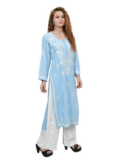MS CHIKAN ARTS Women's Rayon Full Sleeve Lucknowi Chikankari Hand Work Round Neck Kurti