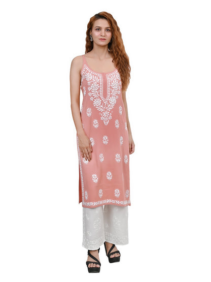 MS CHIKAN ARTS Women's Rayon Sleeveless Lucknowi Chikankari Hand Work Round Neck Kurti