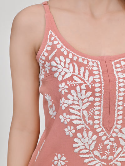 MS CHIKAN ARTS Women's Rayon Sleeveless Lucknowi Chikankari Hand Work Round Neck Kurti