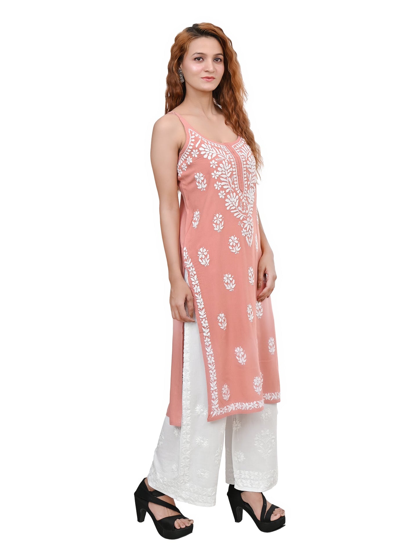 MS CHIKAN ARTS Women's Rayon Sleeveless Lucknowi Chikankari Hand Work Round Neck Kurti