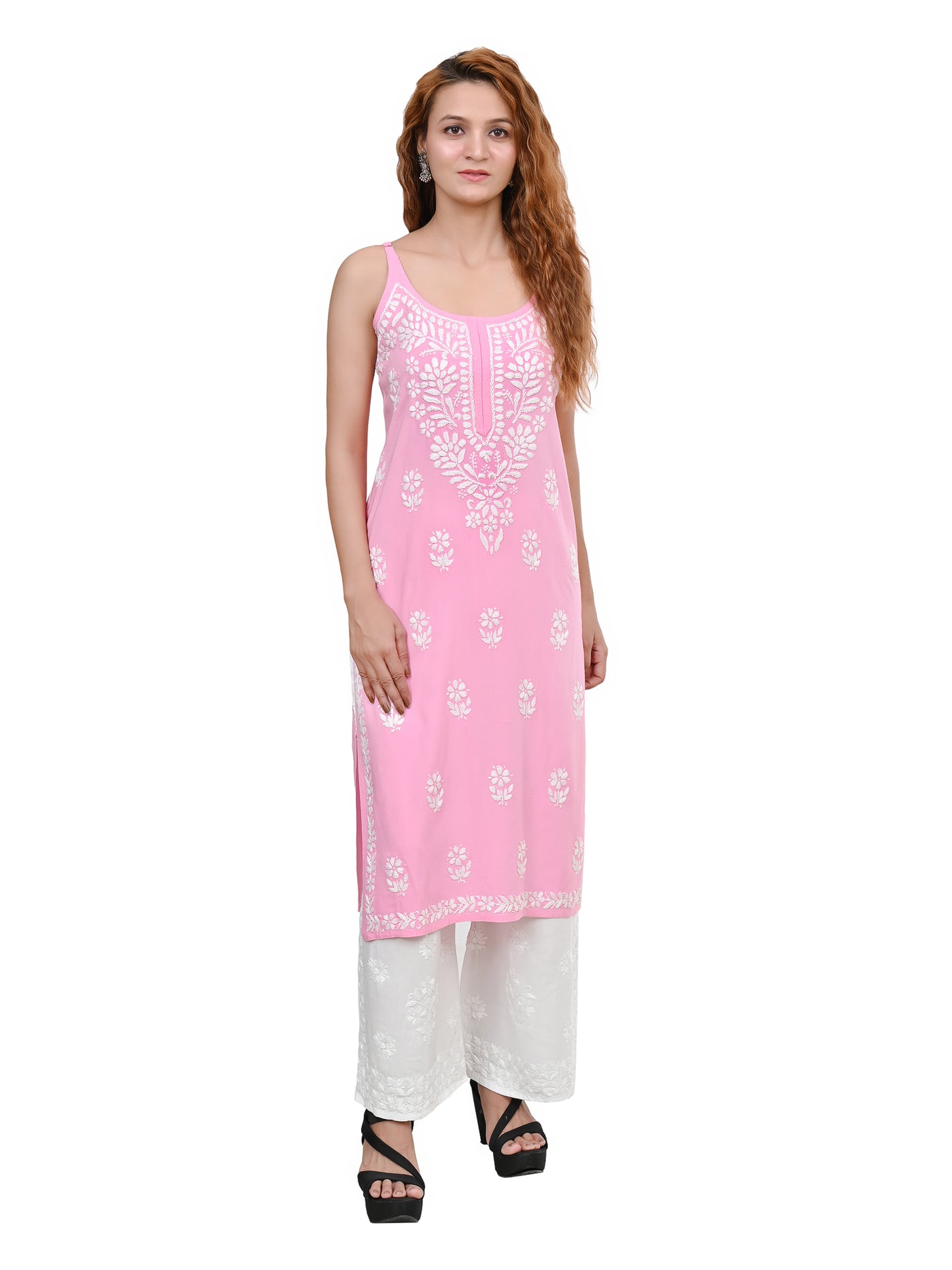 MS CHIKAN ARTS Women's Rayon Sleeveless Lucknowi Chikankari Hand Work Round Neck Kurti