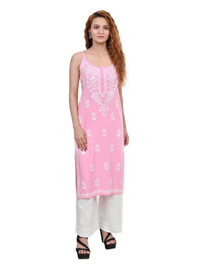 MS CHIKAN ARTS Women's Rayon Sleeveless Lucknowi Chikankari Hand Work Round Neck Kurti