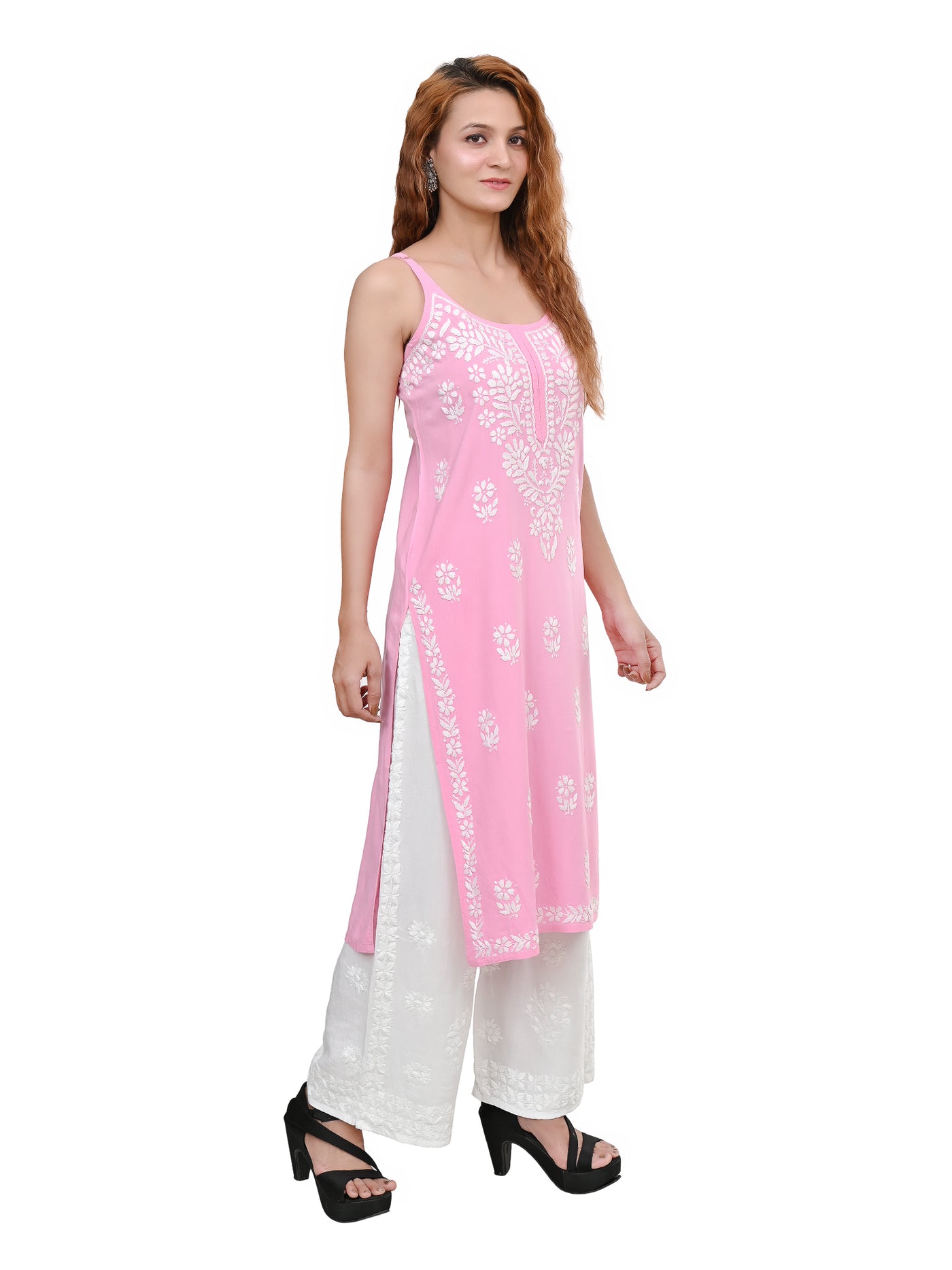 MS CHIKAN ARTS Women's Rayon Sleeveless Lucknowi Chikankari Hand Work Round Neck Kurti