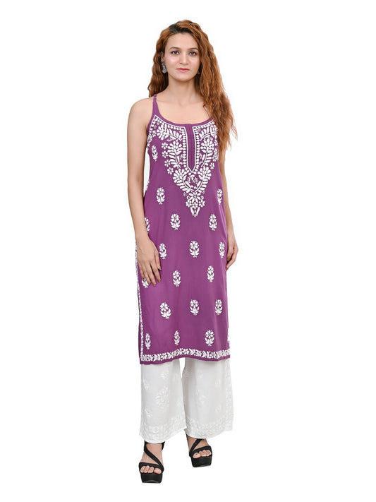 MS CHIKAN ARTS Women's Rayon Sleeveless Lucknowi Chikankari Hand Work Round Neck Kurti
