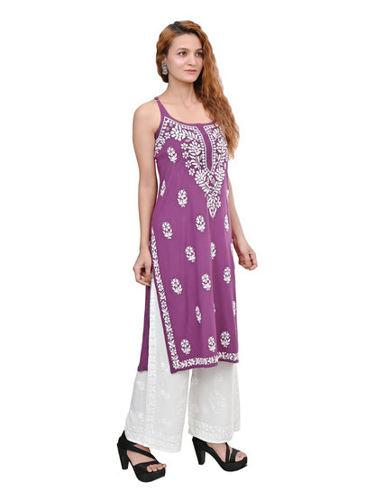 MS CHIKAN ARTS Women's Rayon Sleeveless Lucknowi Chikankari Hand Work Round Neck Kurti