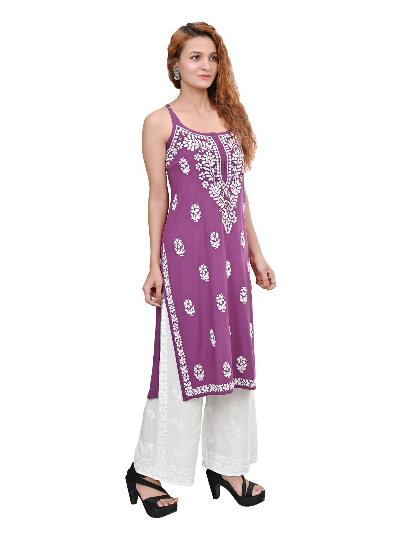 MS CHIKAN ARTS Women's Rayon Sleeveless Lucknowi Chikankari Hand Work Round Neck Kurti
