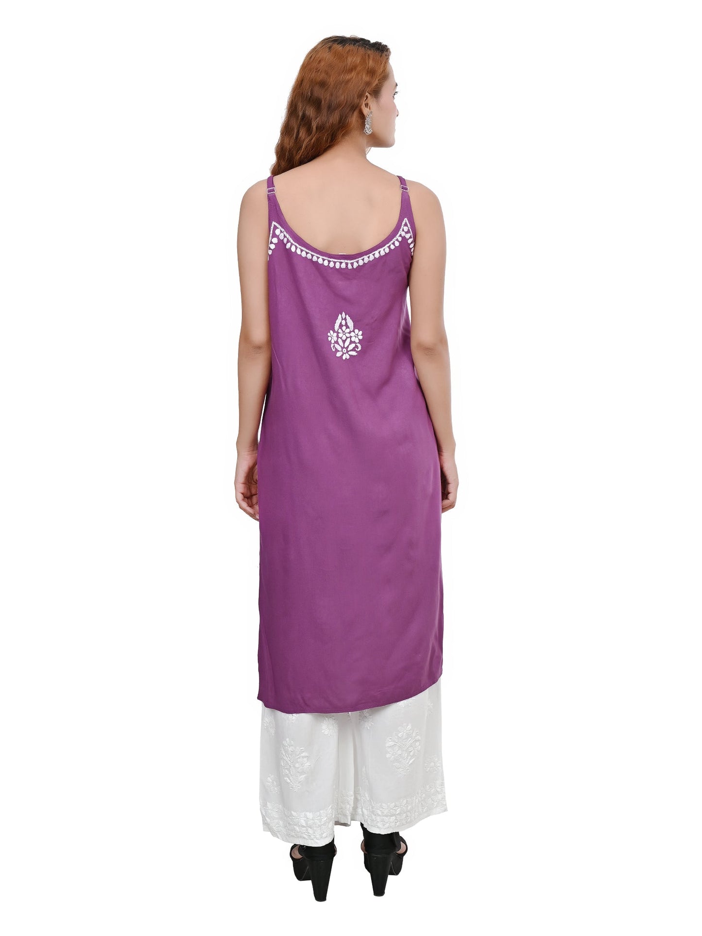 MS CHIKAN ARTS Women's Rayon Sleeveless Lucknowi Chikankari Hand Work Round Neck Kurti