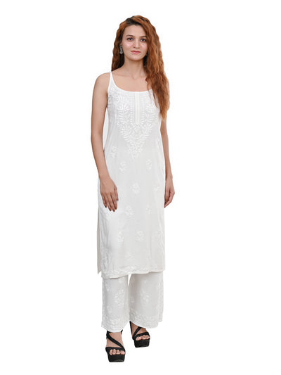MS CHIKAN ARTS Women's Rayon Sleeveless Lucknowi Chikankari Hand Work Round Neck Kurti