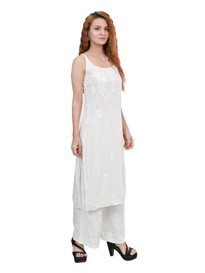 MS CHIKAN ARTS Women's Rayon Sleeveless Lucknowi Chikankari Hand Work Round Neck Kurti