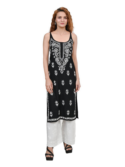 MS CHIKAN ARTS Women's Rayon Sleeveless Lucknowi Chikankari Hand Work Round Neck Kurti