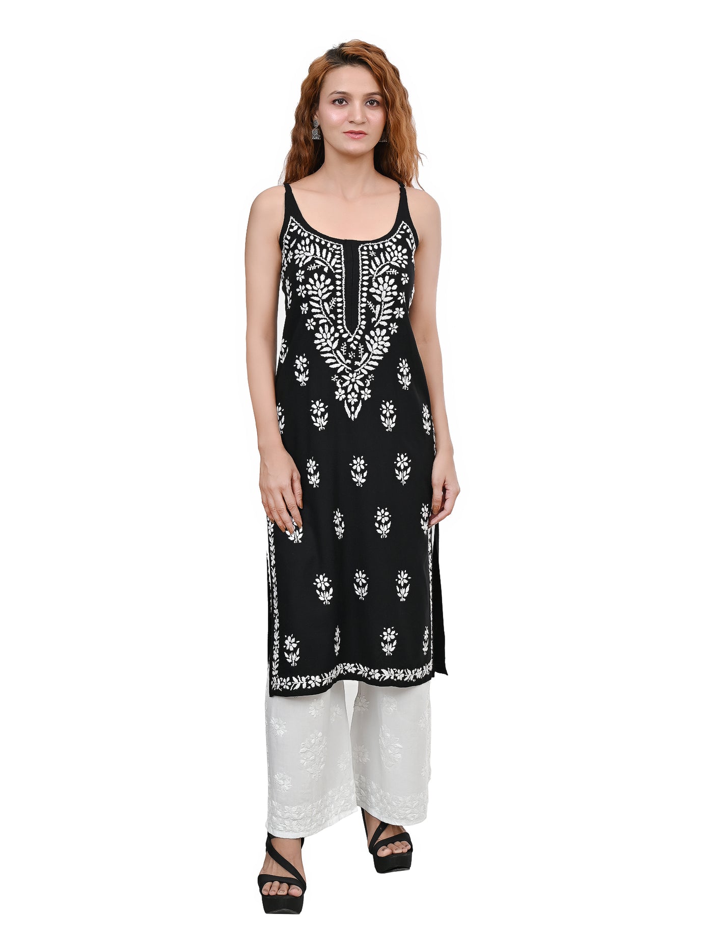 MS CHIKAN ARTS Women's Rayon Sleeveless Lucknowi Chikankari Hand Work Round Neck Kurti